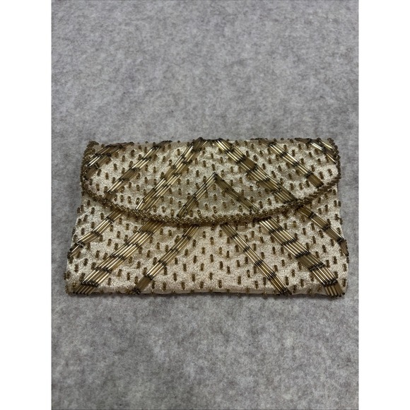 Handmade Handbags - Vintage Clutch Gold Bead Sequin‎ Hand Made Hong Kong Envelope Satin Lined Pretty